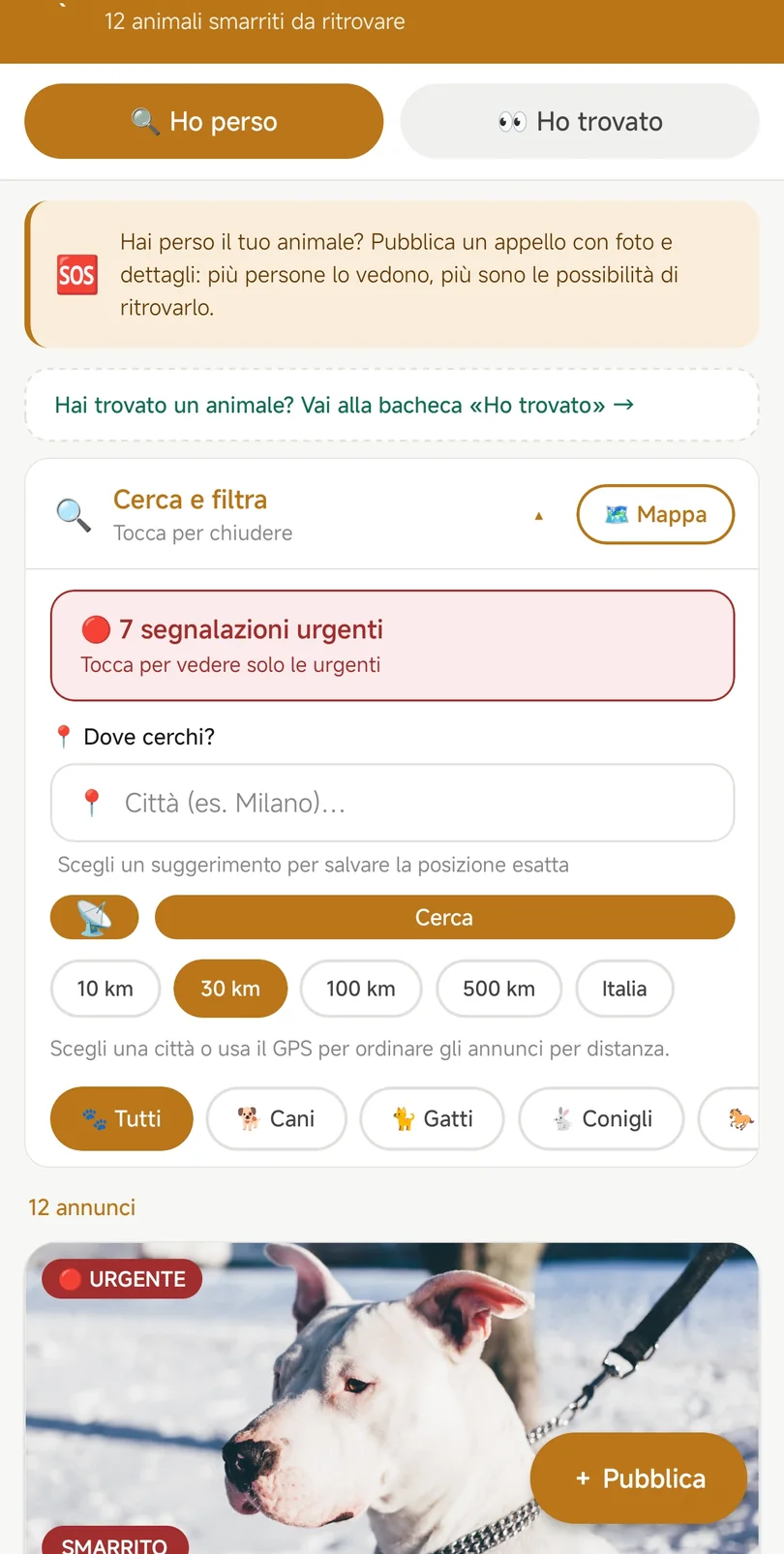 La bacheca degli animali smarriti e ritrovati in PetLife360°
