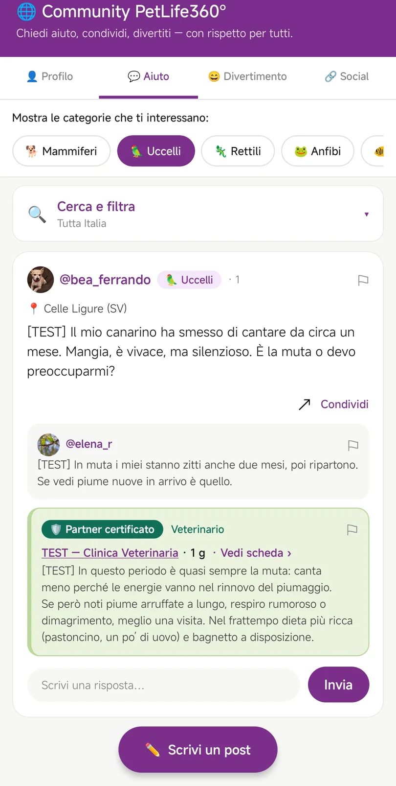 La community di PetLife360° con una domanda e la risposta di un professionista